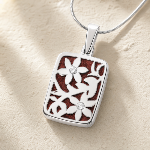 Solid 14K White Gold Flowered Rectangle with Crimson Ash Resin Jewelry