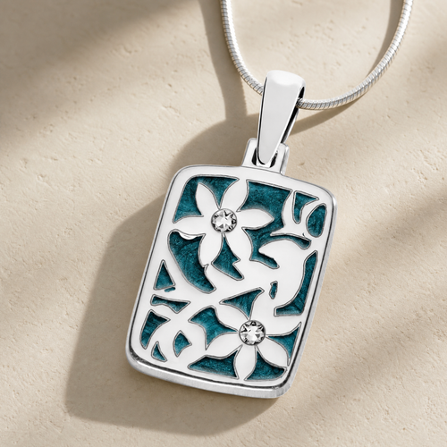 Solid 14K White Gold Flowered Rectangle with Aqua Ash Resin Jewelry