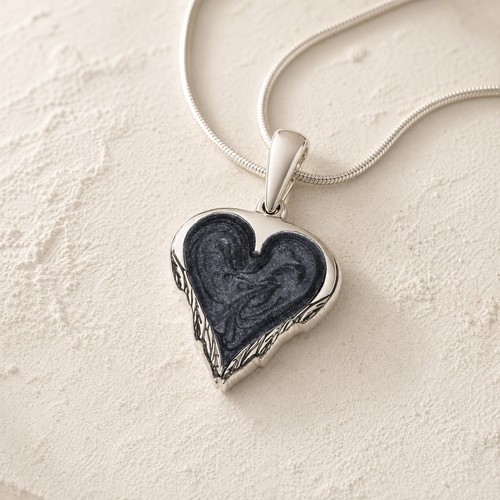 Solid 14K White Gold Feathered Heart Sterling Silver with Slate Ash Resin Jewelry