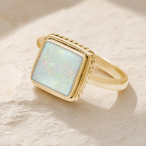 Solid 14K Gold Women's Granville Ash Ring with Crushed Cream Opal