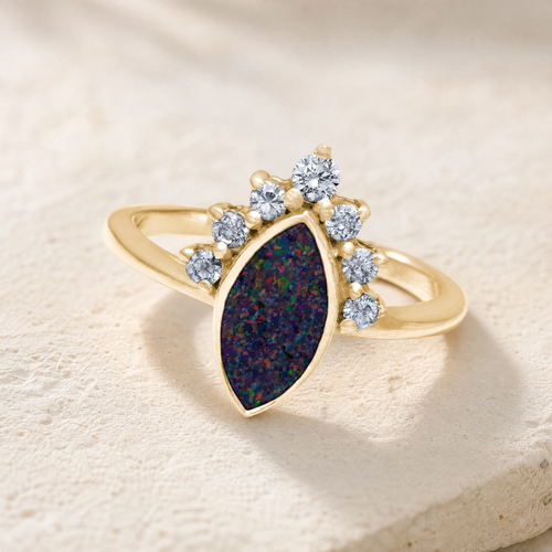 Solid 14K Gold Women's Lakeway Ash Ring with Black Flame Opal