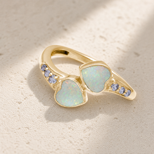 Solid 14K Gold Women's Rosalia Ash Ring with Crushed Cream Opal