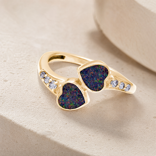 Solid 14K Gold Women's Rosalia Ash Ring with Black Flame Opal