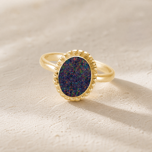 Solid 14K Gold Women's Bethany Ash Ring with Black Flame Opal