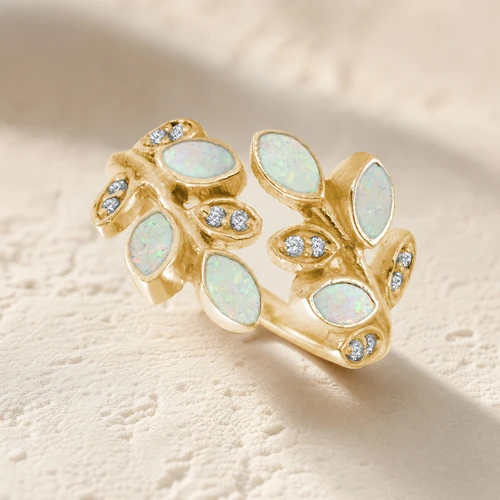 Solid 14K Gold Women's Chatelain Ash Ring with Crushed Cream Opal