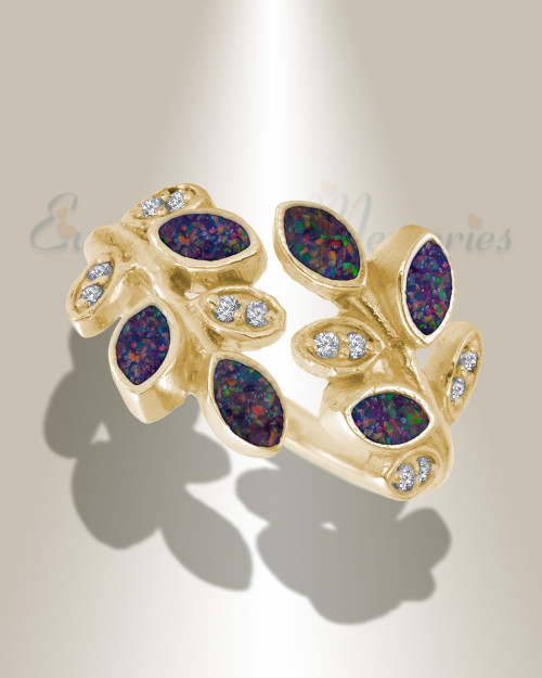 Solid 14K Gold Women's Chatelain Ash Ring with Black Flame Opal