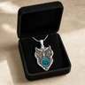 Solid 14K White Gold Wise Owl Birthstone with Aqua Ash Resin Jewelry