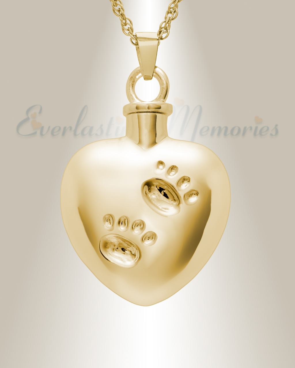 14k gold remember me heart cremation charm with paw prints