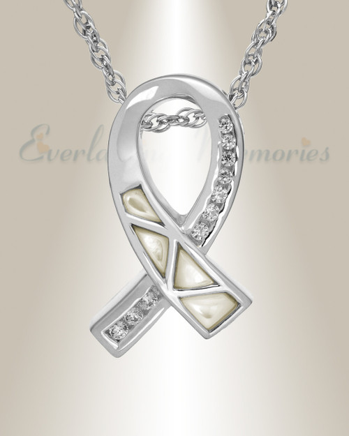 14K White Gold Diamond Cancer Ribbon Necklace