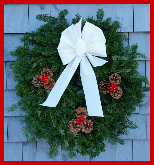 30" Fresh Maine Balsam Wreath, Snow White Bow