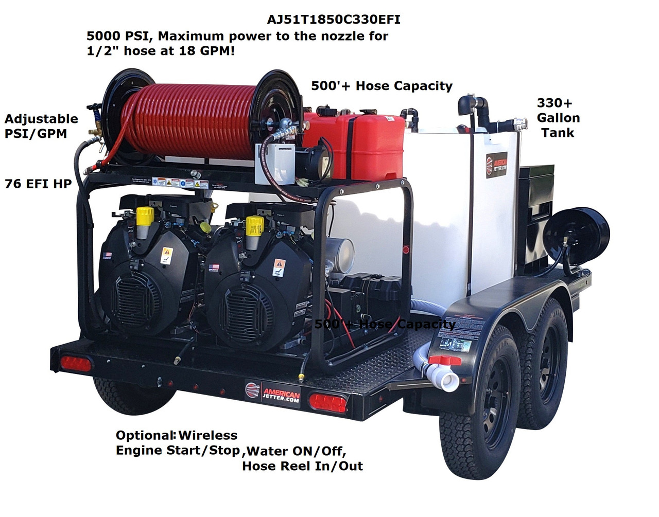 51T Series Trailer Jetter 1850 - 76 HP EFI, 18 GPM, 5000 PSI, 330