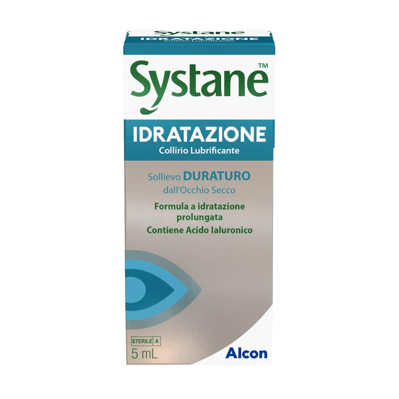 Confezione di collirio idratante Systane con acido ialuronico, flacone da 5 ml.