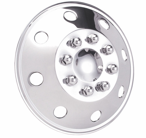 WheelCovers.Com Stainless Steel 16" RV Style Wheel Cover, fits Dual or Single Wheels (Set of 4), metallic silver wheel cover with multiple bolt holes for RV and trailer wheels.