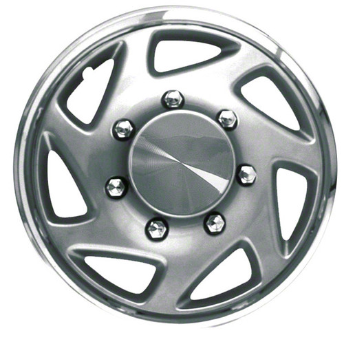WheelCovers.Com Premium 16" Ford Van Wheel Cover, close-up of sleek silver wheel cover with multiple bolt holes, compatible with E350, E450 & Econoline Vans (1979-2025).