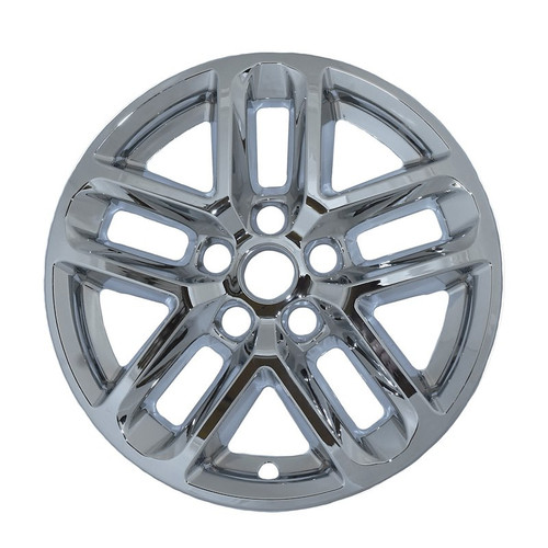 Product WheelCovers.Com 2021-2026 Jeep Grand Cherokee Laredo X Chrome Wheel Skins / Hubcaps / Wheel Covers 18 Inch, front view of a shiny chrome wheel cover with multiple cutouts.