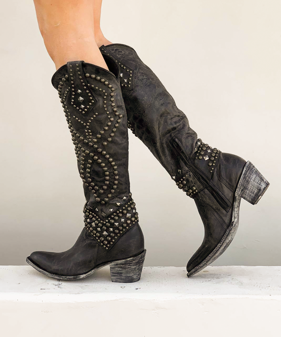 Wide Calf Black Leather Western Boots With Custom Stitching