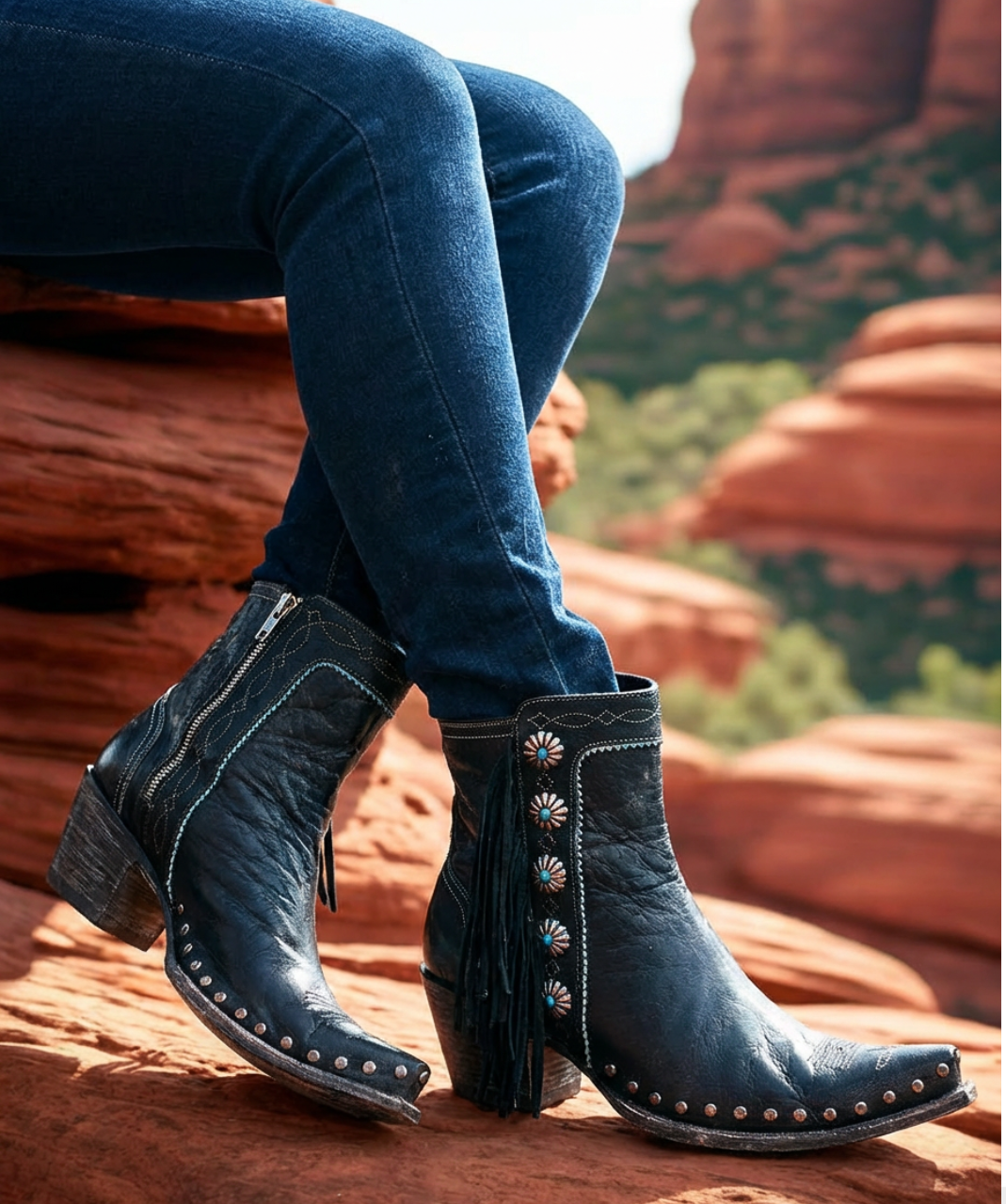 DDBL018-1 Double D Ranch Apache Kid Black Concho Ankle Boots