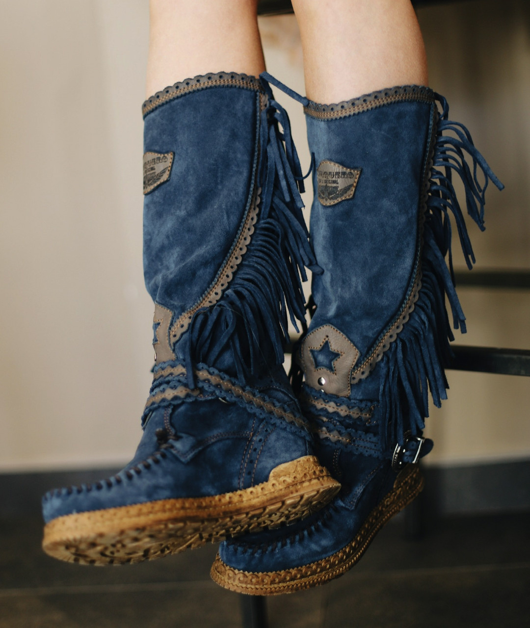 blue leather moccasins