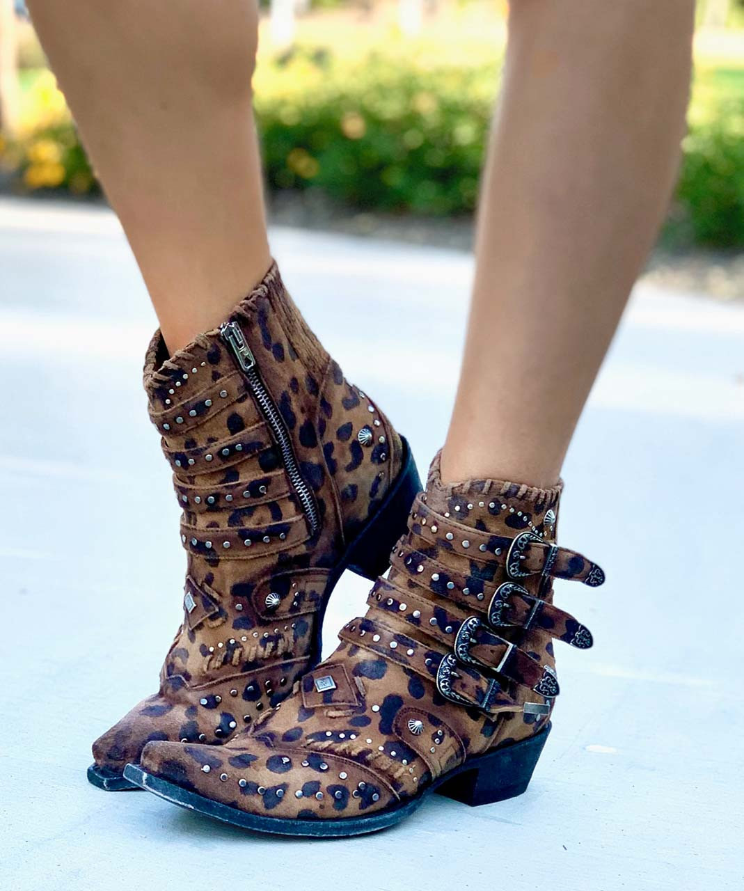 leather animal print ankle boots