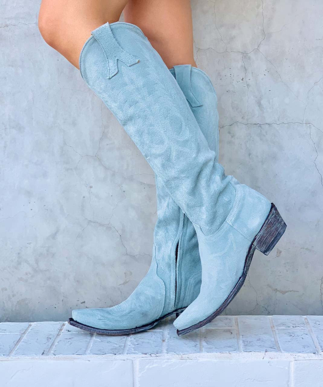 light blue leather boots