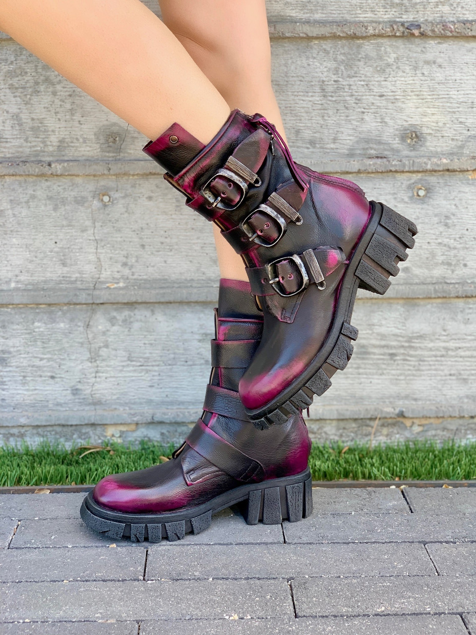 A.S.98 HAMISH FUCHSIA DAMI MOTO BRUSH OFF PLATFORM BIKER BOOTS