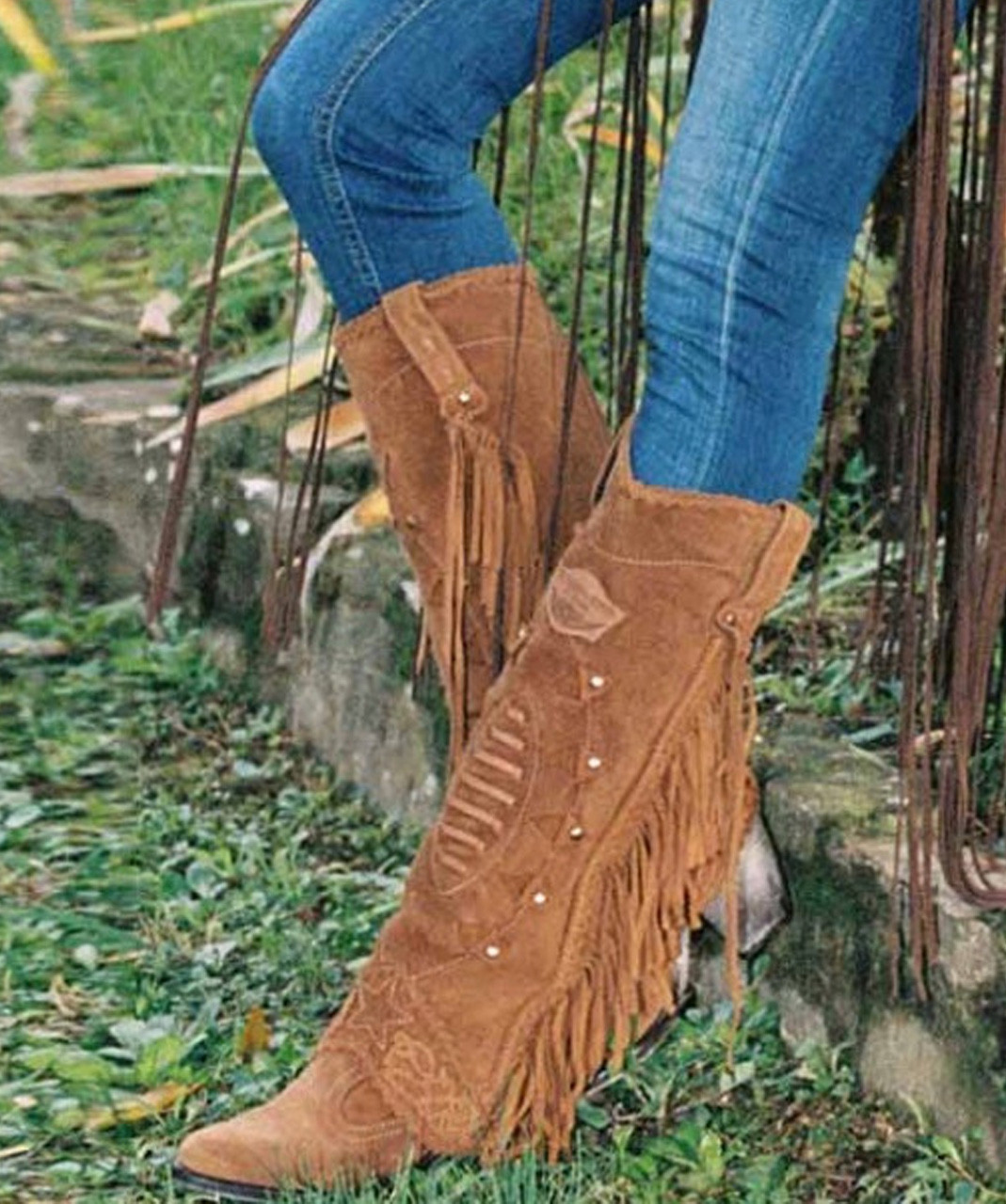 EL VAQUERO Katherine Silverstone Mou Western Style Fringe Boots