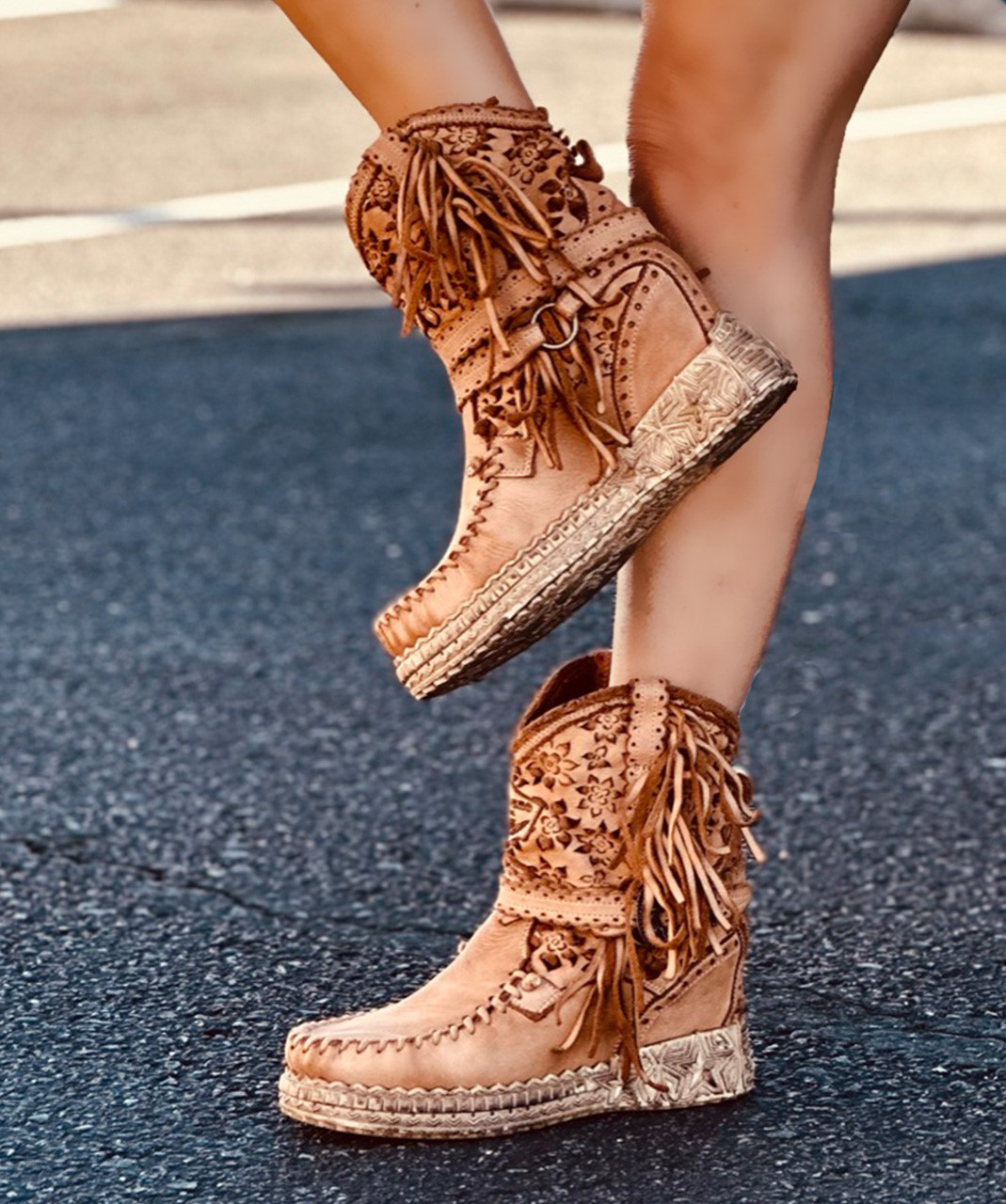 EL VAQUERO Arya Abloom Caramel Wedge Moccasin Boots - BootJunky.com