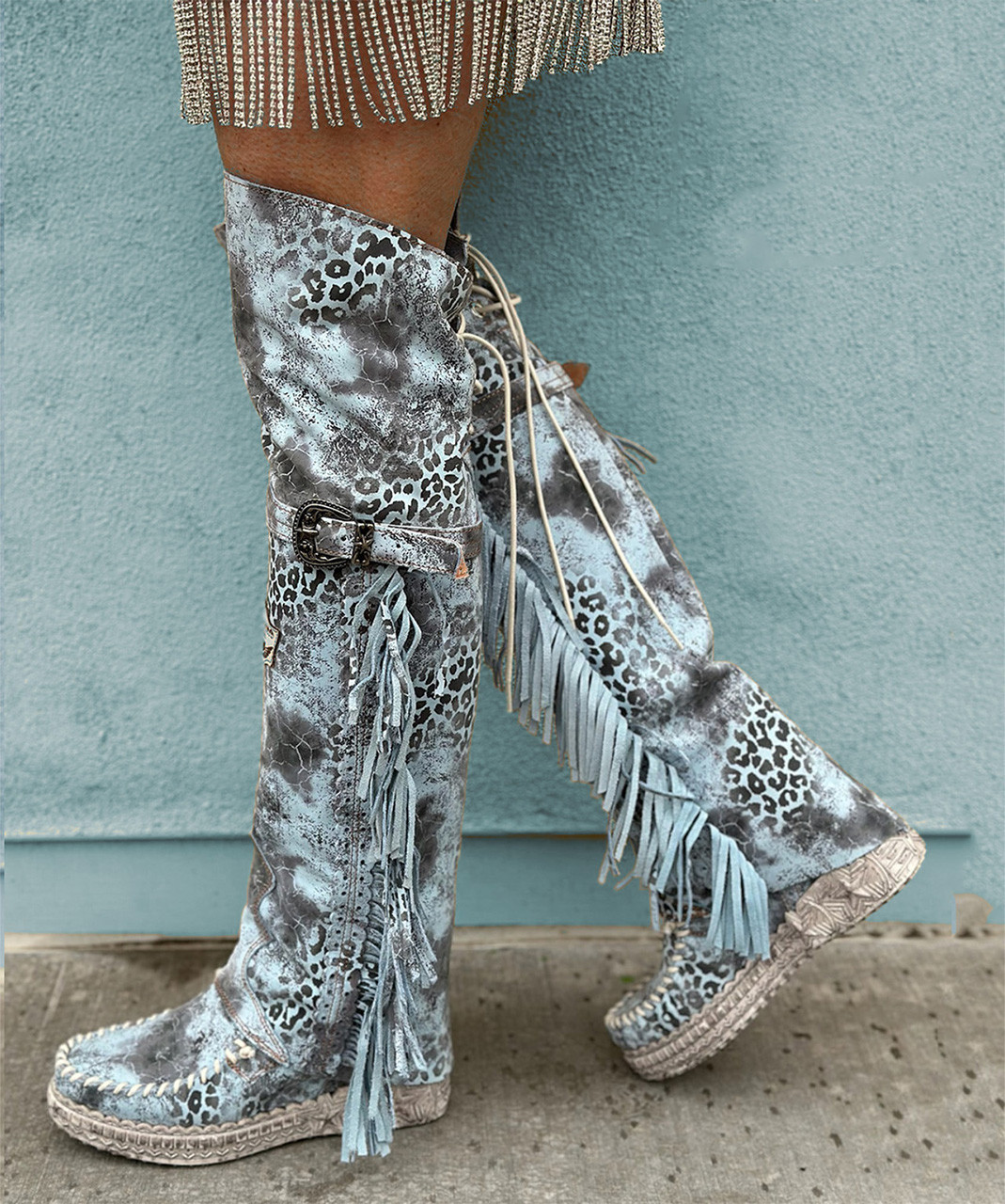 EL VAQUERO Coleen Leomarble Azure Wedge Moccasin Boots - BootJunky.com