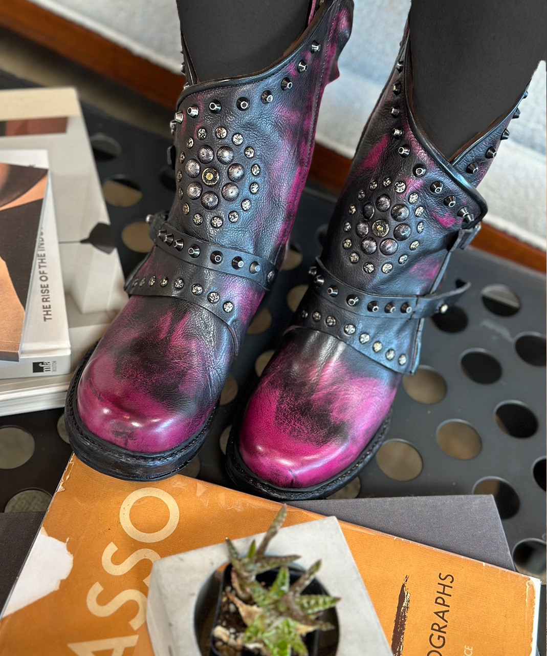 A.S.98 ASHER FUCHSIA RUB OFF RIVETED ITALIAN LEATHER BOOTS