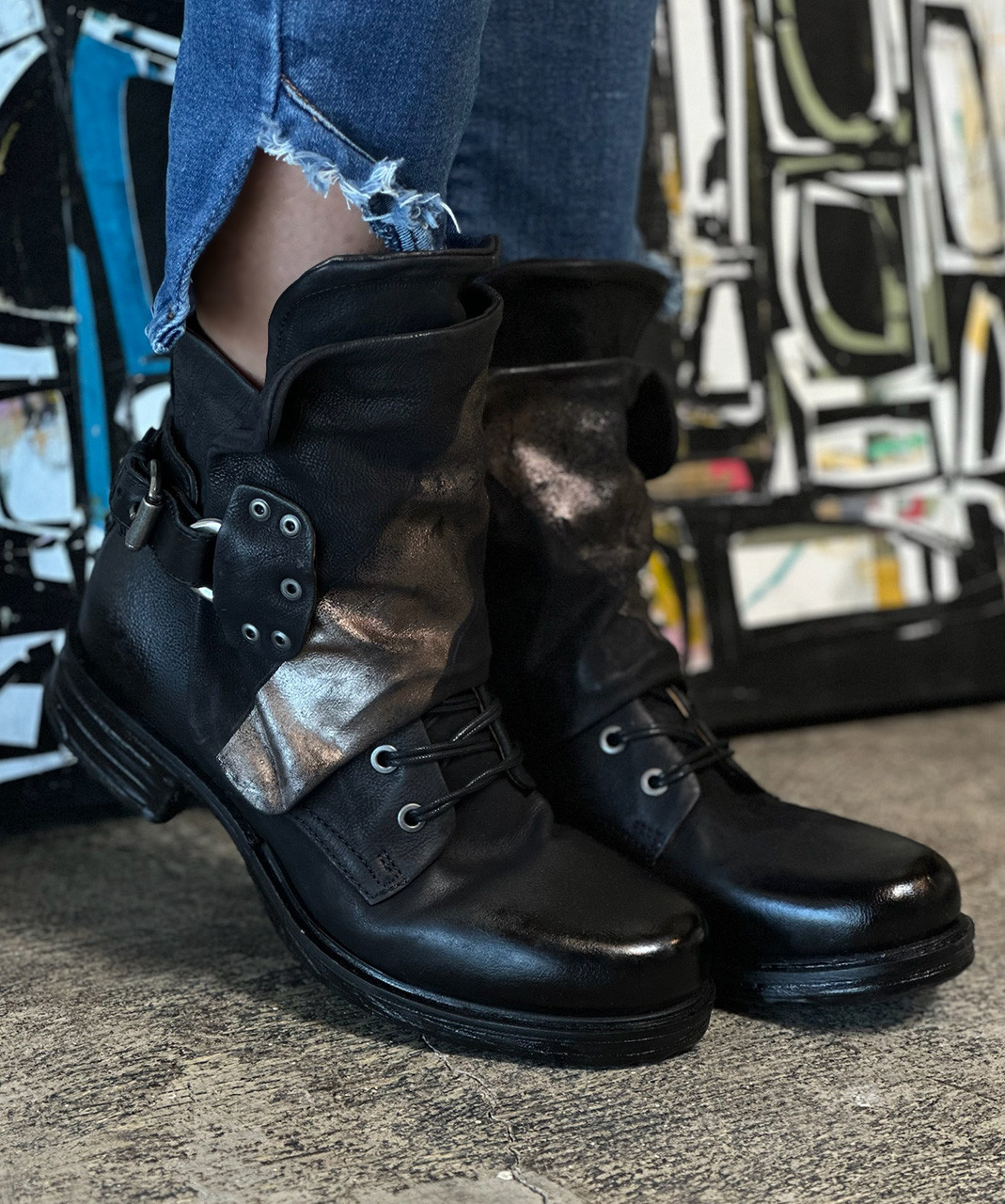 A.S.98 SEBBY NERO/ARGENTO DISTRESSED ITALIAN LEATHER BOOTS