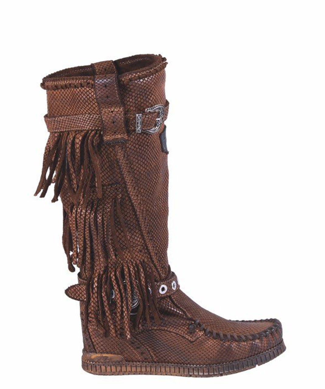 EL VAQUERO Jackie Scaled Coffee Tan Leather Wedge Moccasin Boots