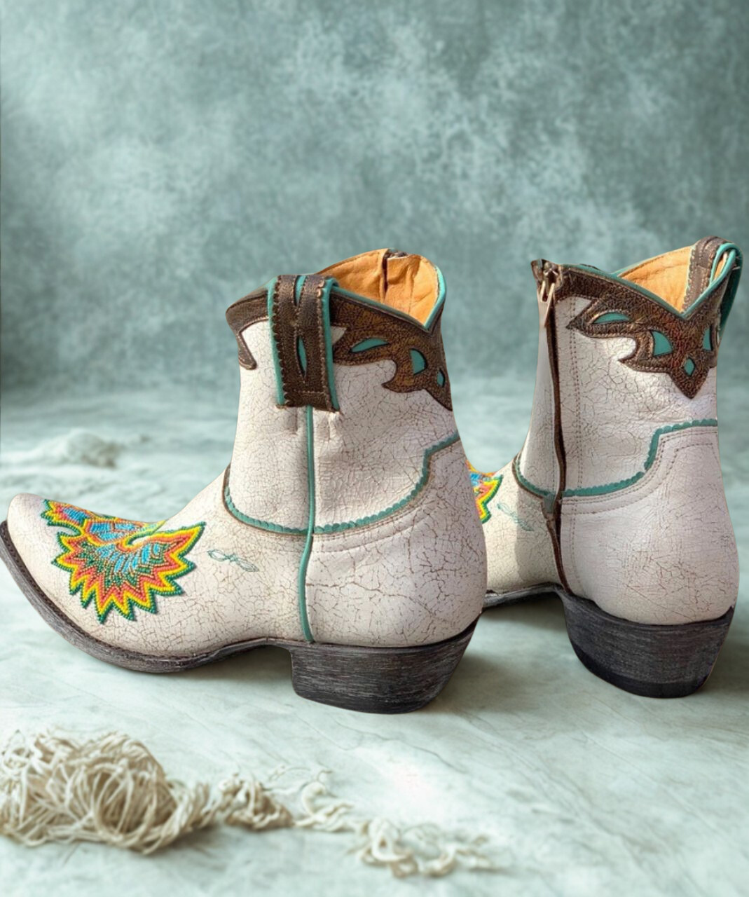 BL3295-3 OLD GRINGO EAGLE BEADED CRACKLED MILK ANKLE LEATHER BOOTS