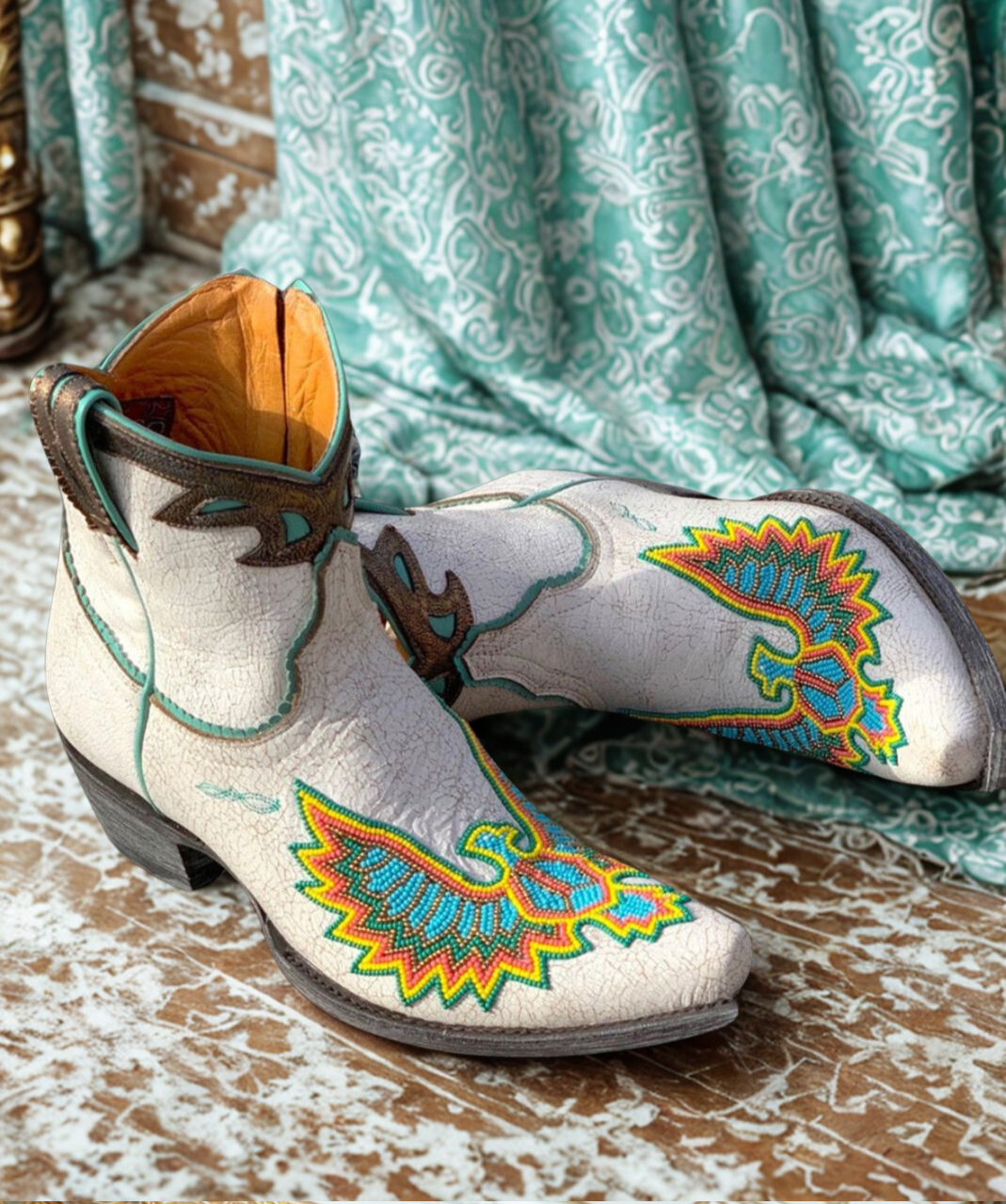 BL3295-3 OLD GRINGO EAGLE BEADED CRACKLED MILK ANKLE LEATHER BOOTS