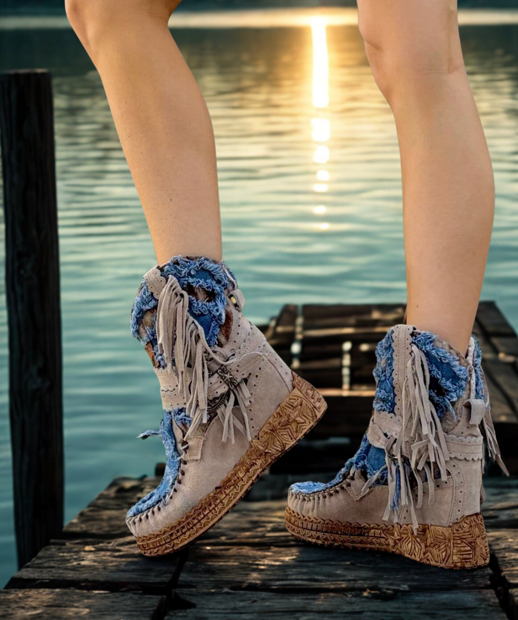 EL VAQUERO Arya Limited Taupe & Denim Leather Wedge Moccasin Boots