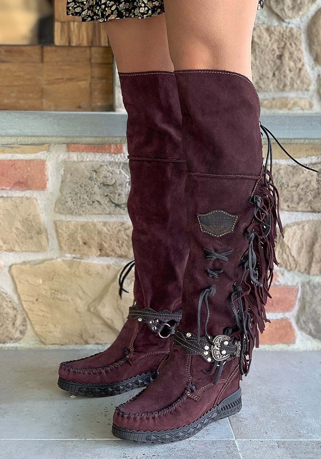 EL VAQUERO Delilah Silverstone Wine Leather Wedge Moccasin Boots