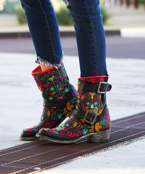 The Old Gringo Biker Klak Boots are our number one seller this season! 
With an incredible (and bright!) Day of the Dead Sugar Skull pattern embroidery, 
8-inch shaft, dual buckles, Barbaria toe, and distressed finish- this is not your typical biker boot. 