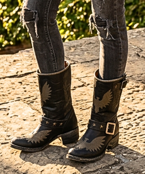 Old Gringo Biker Iron Eagle Black Womens Boots L1357-3
Old Gringo Biker Iron Eagle is handmade in good ol' Mexico by Old Gringo. Black, aged vesuvio goatskin leather on foot, strap, and top with grey goatskin inlays and piping; heavily brass studded eagle inlay; stovepipe tops; brass star inlays on straps.