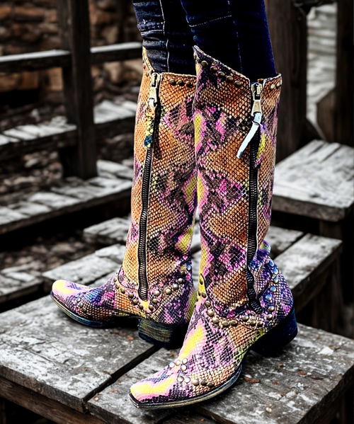15" Shaft with side zippers
Fashionable Southern toe
Low Hippie Dama 90 degree heel
Western style stitching on the shaft
Metal stud detailing on toe, ankle, and top of shaft
 

You will find nothing but the best from Old Gringo boots, they are boots of superior style and quality.

These 15" silver metal studded boots are artisan hand crafted boots that capture the traditional "Old School" quintessential vintage charm and detail while offering contemporary cutting edge style.

The traditional boot features of these boots include a fashionable square toe and a low 90 degree heel.

This signature style is accompanied by comfort and value and it bridges the divide between western style and pure fashion.

Features a Boot Junky unique snake print leather with tonal embroidery...we are so excited to stomp into summer with these beauties!