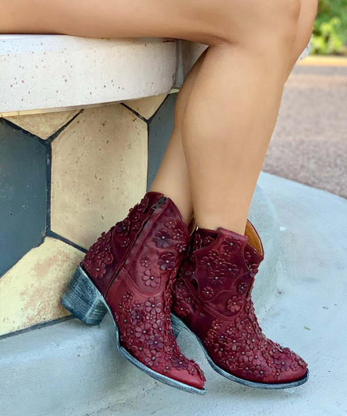 L 840-13 OLD GRINGO HIPPIE CHICK VESUVIO RED FLOWER ANKLE LEATHER BOOTS