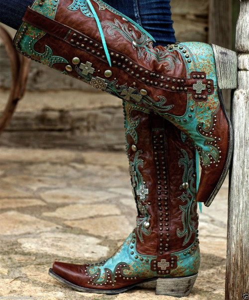 DDL001-1 Double D Ranch Turquoise Brown Ammunition Rivetted Western Boots