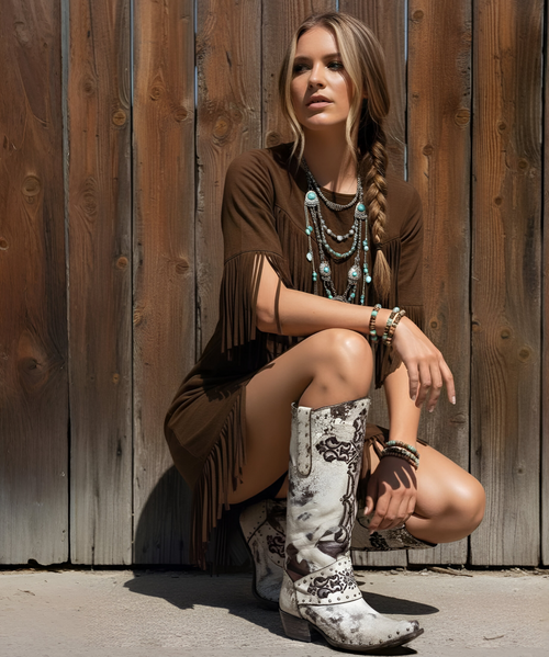 These beautiful and bold Old Gringo Women's Krusts 13" Vesuvio White and Chocolate Studded Leather Boots will certainly get you noticed in a crowd as the stud accents and Victorian embroidered cross make this boot pop! These boots feature a full-grain leather upper with a tooled leather overlay on the cuff and toe. The leather lining, sole, foot, and shaft are designed to create comfort and durability. A fun, must-have boot to compliment your wardrobe!

Toe: Southern
Heel: Hippie Dama
Shaft: 13"
Material: Goat
Color: White / Chocolate