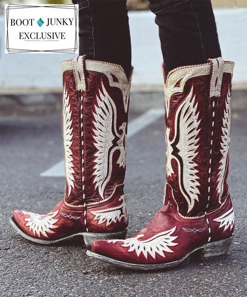 The Old Gringo Eagle  Red/Crackled Milk White/Distressed Black Leather Eagle Boots are as distinctive and stylish as you are ever going to see.  They have been handcrafted for those cowgirls looking to make a bold statement.  