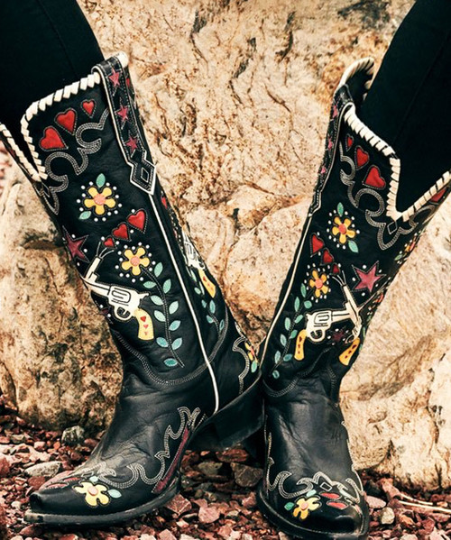 DDL041-1 DOUBLE D RANCH BANDIT BLACK MULTI TALL LEATHER BOOTS