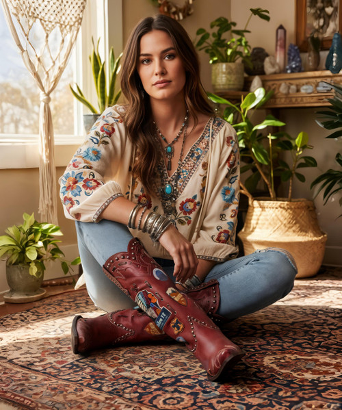 HERE’S YOUR SHORTCUT TO BOOT HEAVEN!

Applique, printing, embroidery, studs, lacing, and don’t forget patching make our new biker boot totally kickass and definitively Double D!  

You're Welcome.

toe: snip
leather: leather crust
heel: riding riding
features: nail heads, contrast leather lacing, embroidery front & back, side pull straps, patching