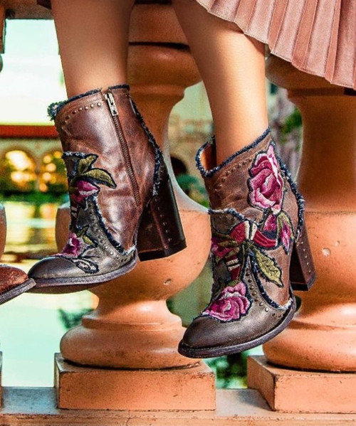 BL3184-1 OLD GRINGO CARLA DISTRESSED KHAKI FLORAL ANKLE BOOTS