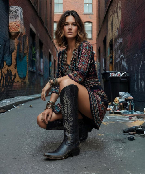 The Old Gringo Mayra Black Cowgirl Boots are an absolute showstopper. These boots are made from the softest, most beautiful dark black distressed leather you'll ever put against your skin. With an 18-inch boot shaft, be sure to turn heads when you slip into these Old Gringo's. The embroidery on the tall shaft is etched in shiny, silver thread.