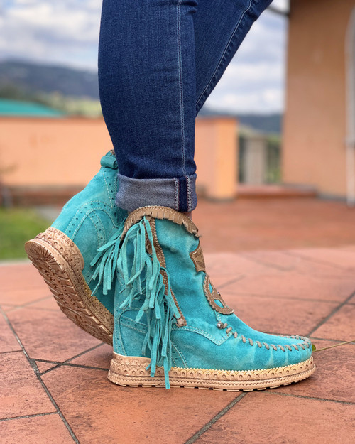 El Vaquero Dany Silverstone Marine Turquoise Hidden Wedge Moccasin