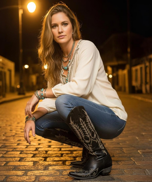 The Old Gringo Mayra Boots are SO on trend. These aren't just cowgirl boots; these are fabulous fashion boots. Handcrafted in Leon, Mexico with gorgeous distressed black Vesuvio leather and accented with cream embroidery.