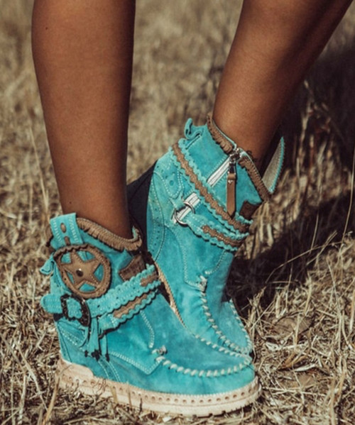 EL VAQUERO Lyanna Silverstone Marine Turquoise Leather Wedge Moccasin Boots