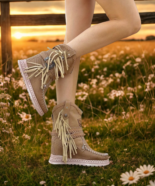 With her bohemian soul, Arya is designed to break the most artistic hearts. 

The vintage look of Arya is achieved thanks to our special treatment that allows you to create a unique style for every pair made. 

Available in this beautiful Kalahari Nude Tan printed leather that makes the boot suitable for any outfit.

2 3/4" Internal wedge 

Leather logo tag

Stitching details

Unlined

Rubber sole

Made in Italy

Composition: 100% Calf